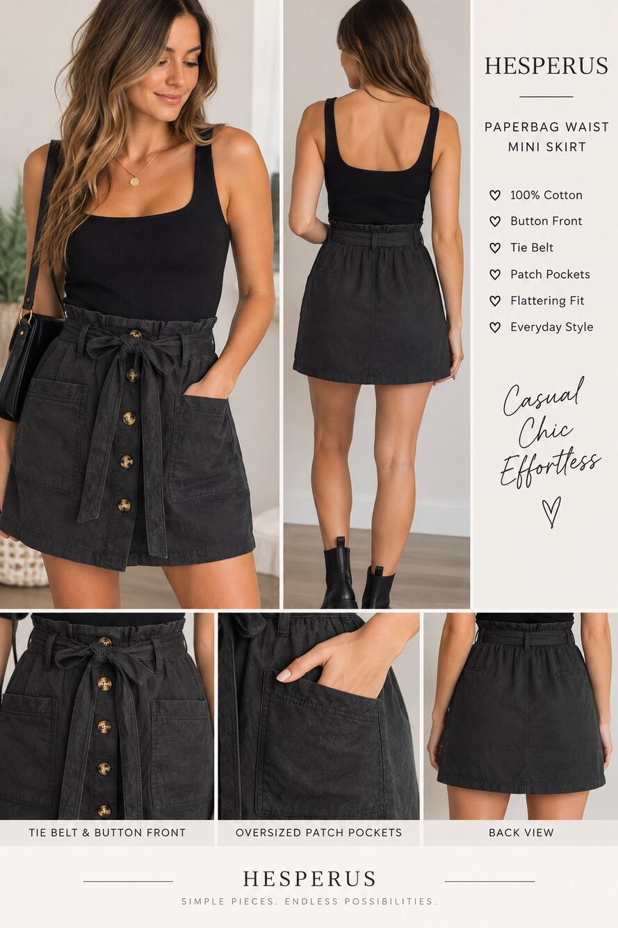 Hesperus Black Cotton Paperbag Mini Skirt L Belted Utility